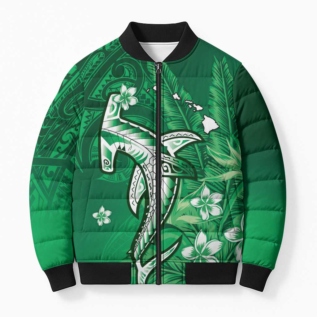 Personalized Hawaiian Maori Hammerhead Shark Bomber Puffer Jacket Omaomao Plumeria LT9 Unisex Green - Polynesian Pride