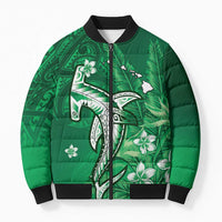 Personalized Hawaiian Maori Hammerhead Shark Bomber Puffer Jacket Omaomao Plumeria LT9 Unisex Green - Polynesian Pride