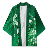 Personalized Hawaiian Maori Hammerhead Shark Kimono Omaomao Plumeria LT9 Unisex Green - Polynesian Pride
