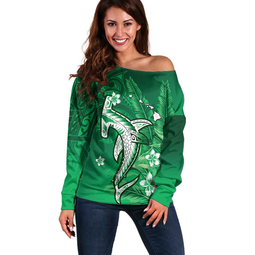 Personalized Hawaiian Maori Hammerhead Shark Off Shoulder Sweater Omaomao Plumeria LT9 Women Green - Polynesian Pride