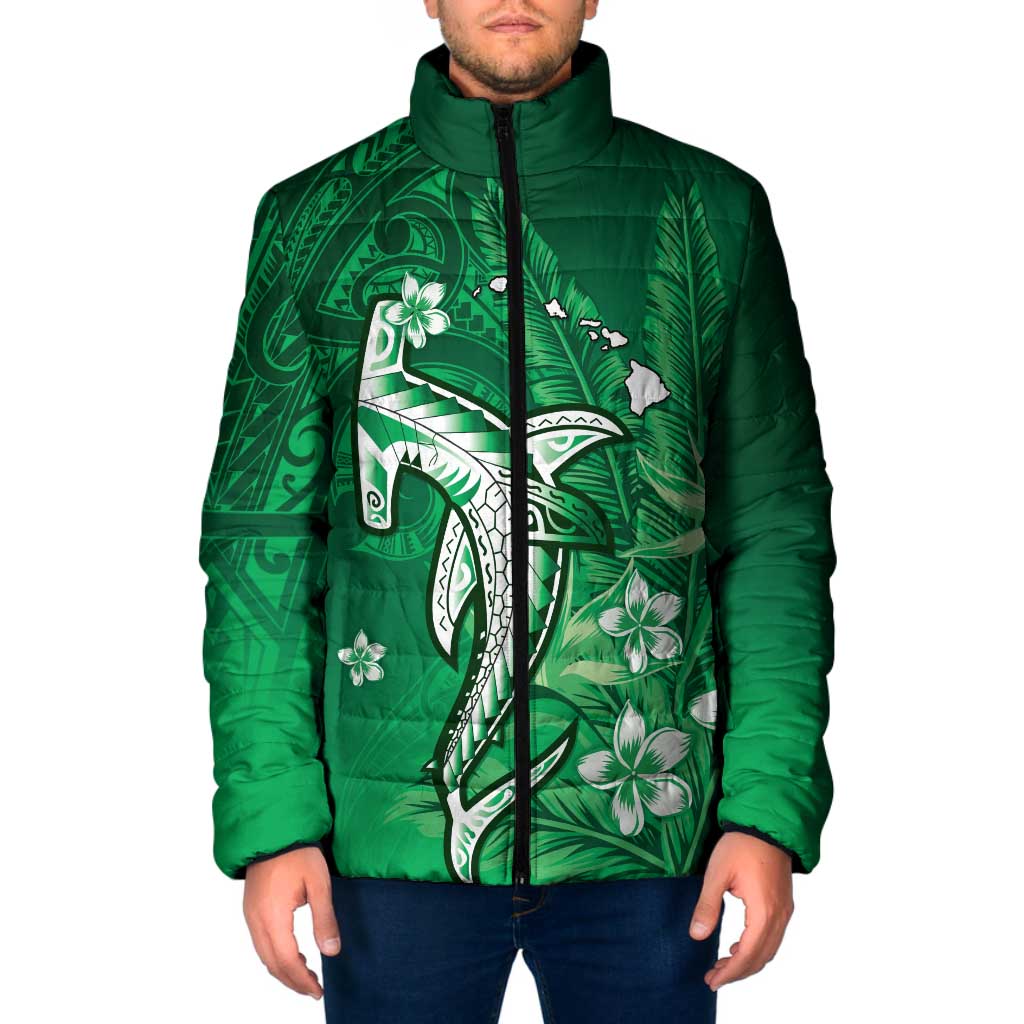 Personalized Hawaiian Maori Hammerhead Shark Padded Jacket Omaomao Plumeria LT9 Men Green - Polynesian Pride