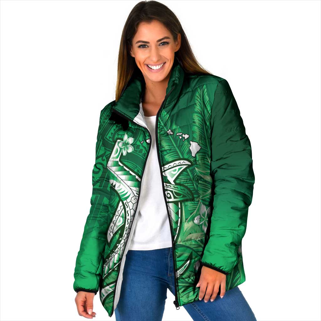 Personalized Hawaiian Maori Hammerhead Shark Padded Jacket Omaomao Plumeria LT9 Women Green - Polynesian Pride
