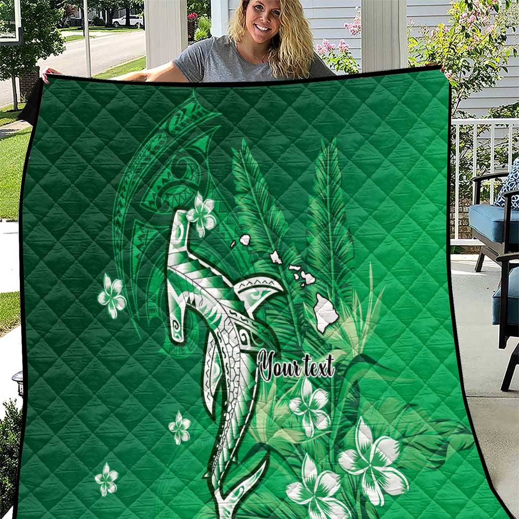 Personalized Hawaiian Maori Hammerhead Shark Quilt Omaomao Plumeria LT9 Green - Polynesian Pride