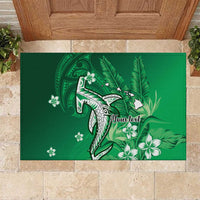 Personalized Hawaiian Maori Hammerhead Shark Rubber Doormat Omaomao Plumeria LT9 Green - Polynesian Pride