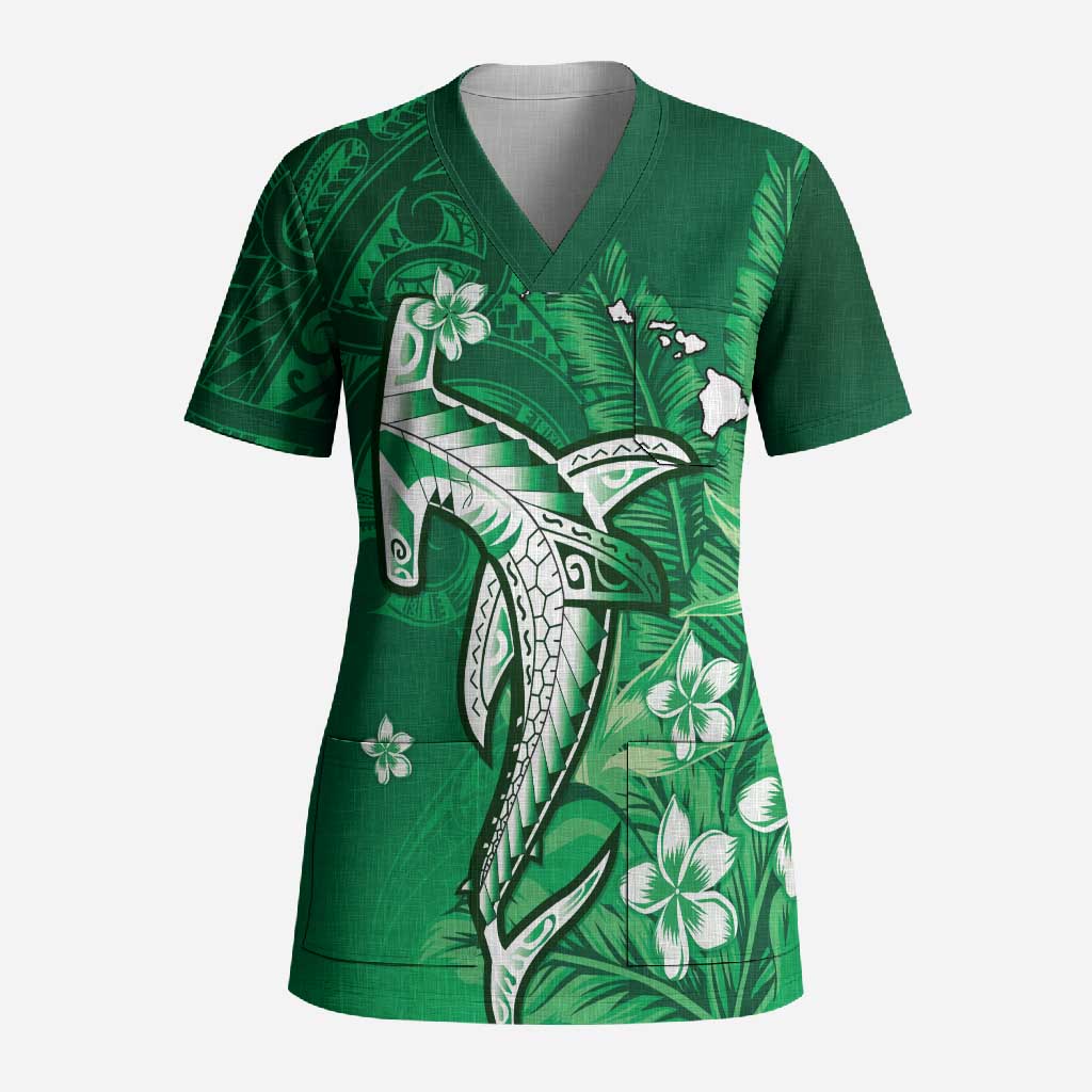 Personalized Hawaiian Maori Hammerhead Shark Scrub Top Omaomao Plumeria LT9 Adult Green - Polynesian Pride