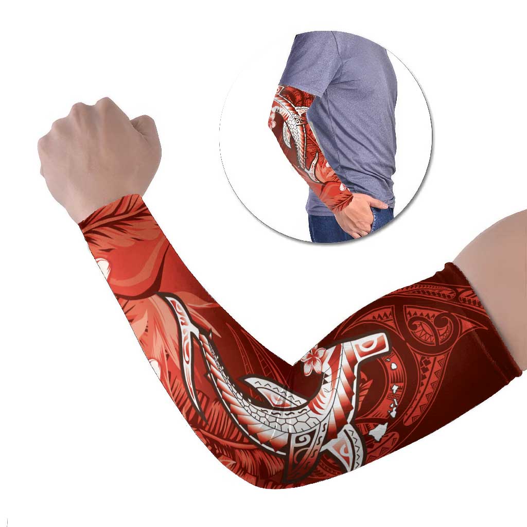 Personalized Hawaiian Maori Hammerhead Shark Arm Sleeves Ulaula Plumeria LT9 Set of 2 Red - Polynesian Pride