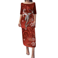 Personalized Hawaiian Maori Hammerhead Shark Puletasi Ulaula Plumeria LT9 Long Dress Red - Polynesian Pride