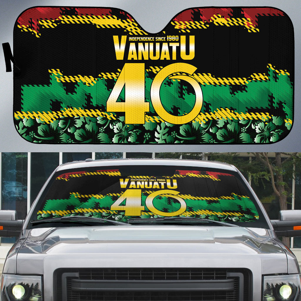 Vanuatu 46th Year Anniversary Auto Sun Shade 30 July 1980 Hibiscus Seamless Pattern LT9 Black - Polynesian Pride