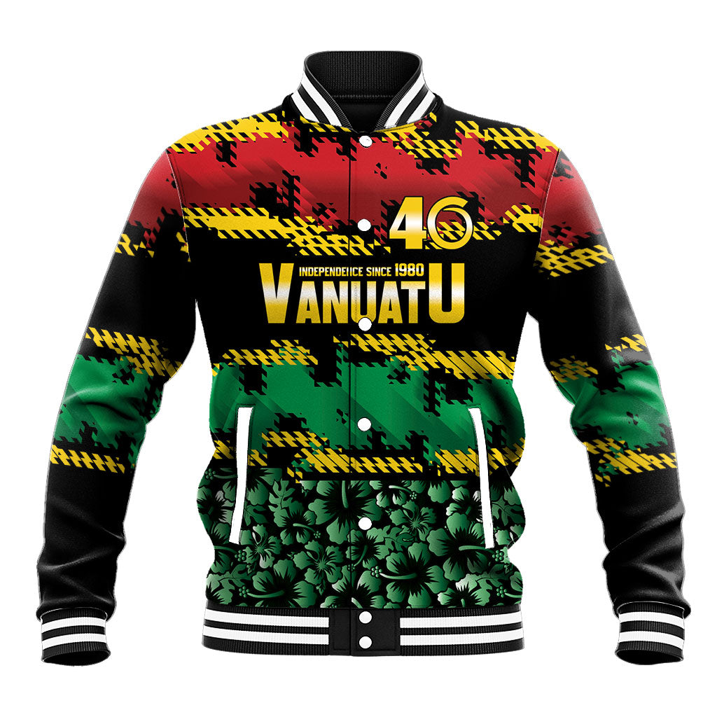Vanuatu 46th Year Anniversary Baseball Jacket 30 July 1980 Hibiscus Seamless Pattern LT9 Unisex Black - Polynesian Pride