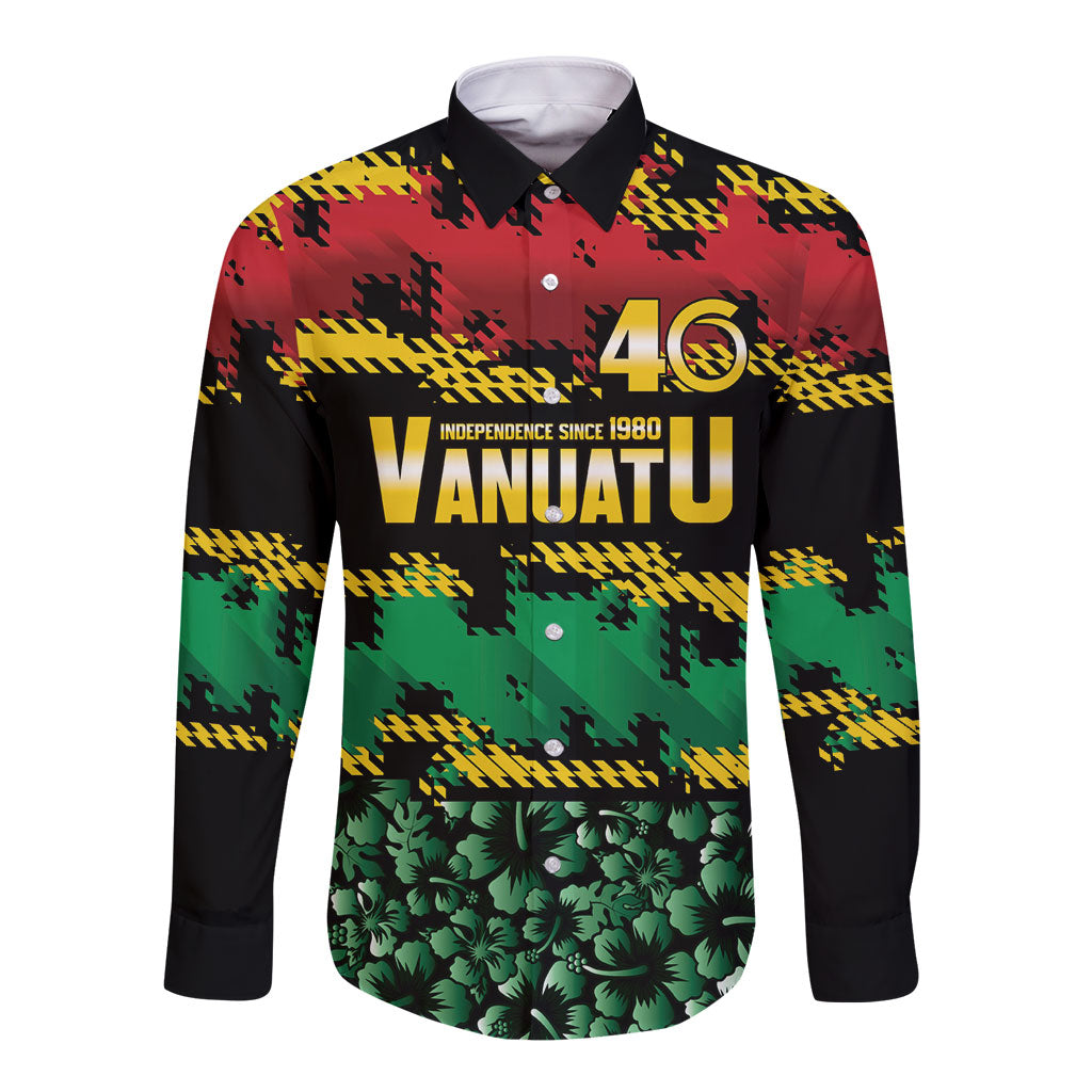 Vanuatu 46th Year Anniversary Long Sleeve Button Shirt 30 July 1980 Hibiscus Seamless Pattern LT9 Unisex Black - Polynesian Pride