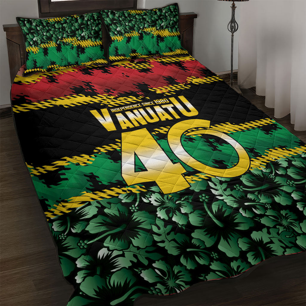 Vanuatu 46th Year Anniversary Quilt Bed Set 30 July 1980 Hibiscus Seamless Pattern LT9 Black - Polynesian Pride