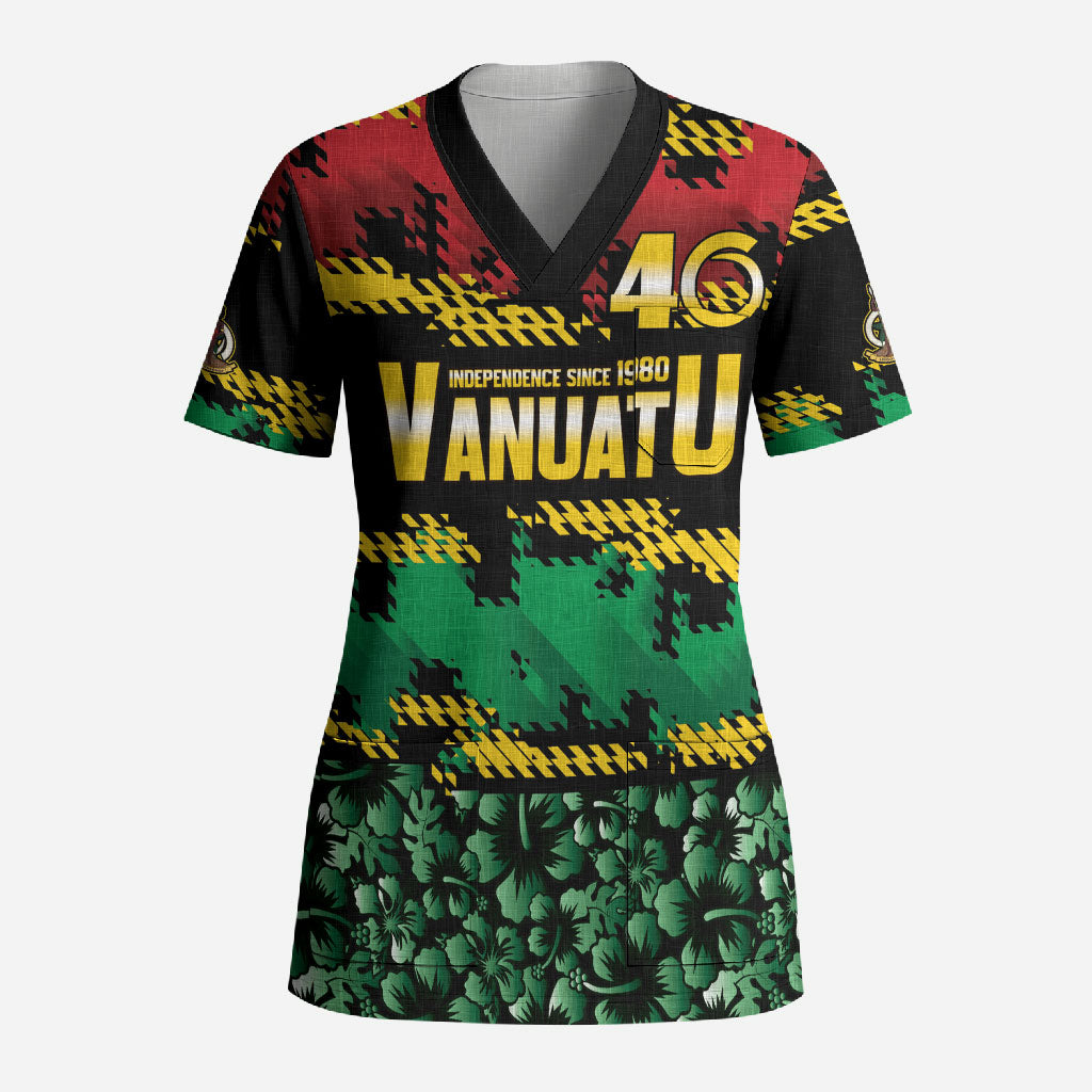 Vanuatu 46th Year Anniversary Scrub Top 30 July 1980 Hibiscus Seamless Pattern LT9 Adult Black - Polynesian Pride