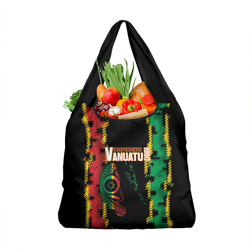Vanuatu 46th Year Anniversary Grocery Bag Tamtam Slit Drums Long God Yumi Stanap LT9 1-pack One Size Black - Polynesian Pride