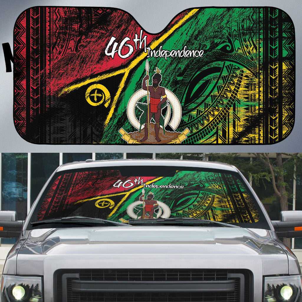 Vanuatu 46th Year Anniversary Auto Sun Shade Vintage Grunge Vanuatu Flag Heritage LT9 Black - Polynesian Pride
