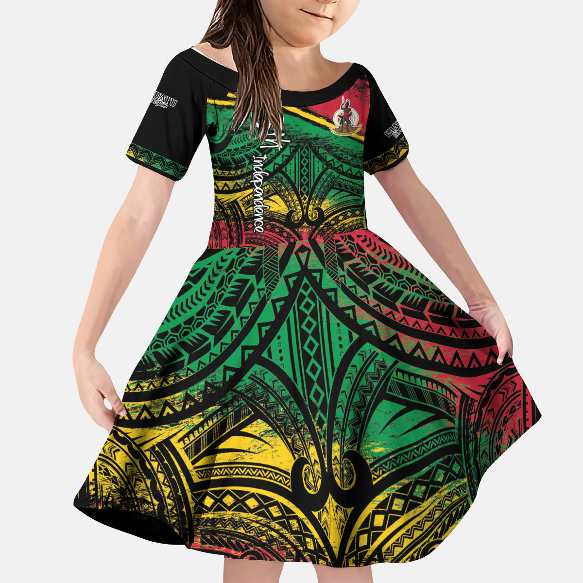 Vanuatu 46th Year Anniversary Kid Short Sleeve Dress Vintage Grunge Vanuatu Flag Heritage LT9 KID Black - Polynesian Pride