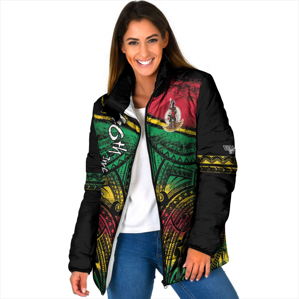Vanuatu 46th Year Anniversary Padded Jacket Vintage Grunge Vanuatu Flag Heritage LT9 Women Black - Polynesian Pride