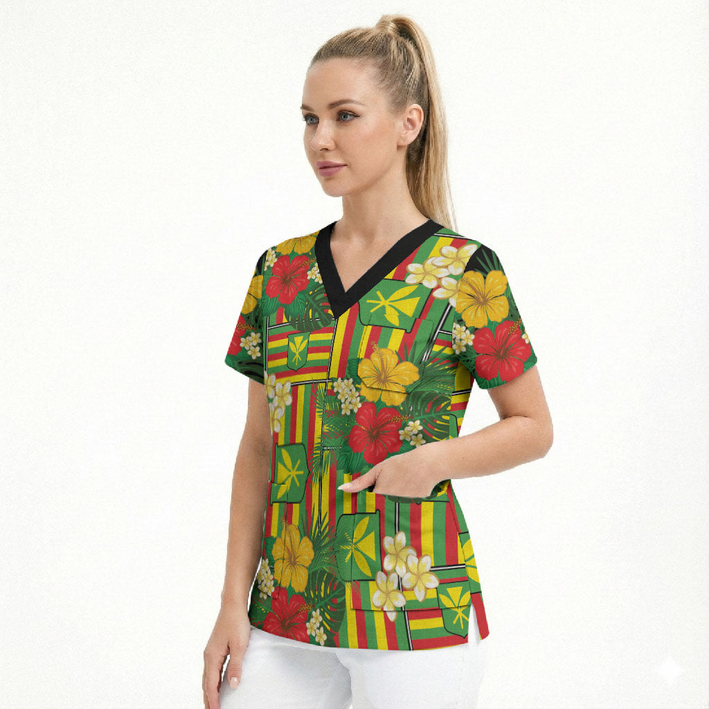 Hawaii Kanaka Maoli Hibiscus Scrub Top Hawaiian Flag Motif LT9 - Polynesian Pride