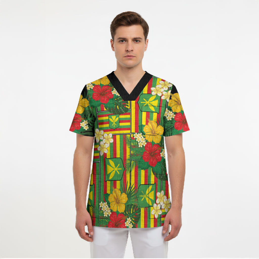 Hawaii Kanaka Maoli Hibiscus Scrub Top Hawaiian Flag Motif LT9 - Polynesian Pride
