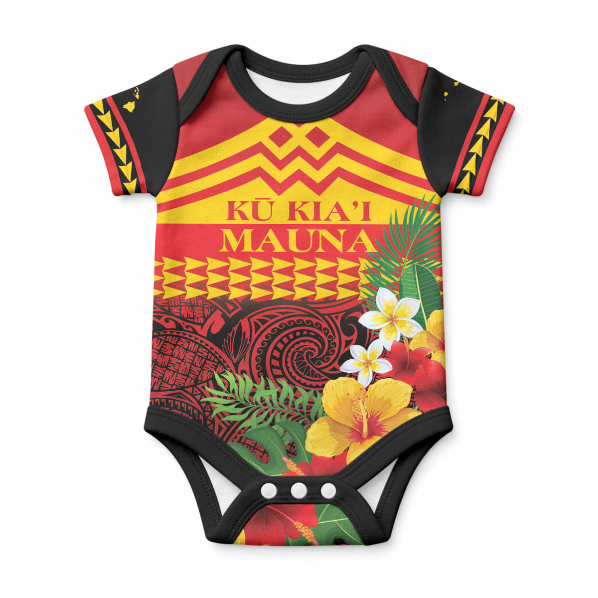 Hawaii Ku Kia'i Mauna Personalized Baby Onesie Hibiscus Kakau Pattern LT9 Red - Polynesian Pride