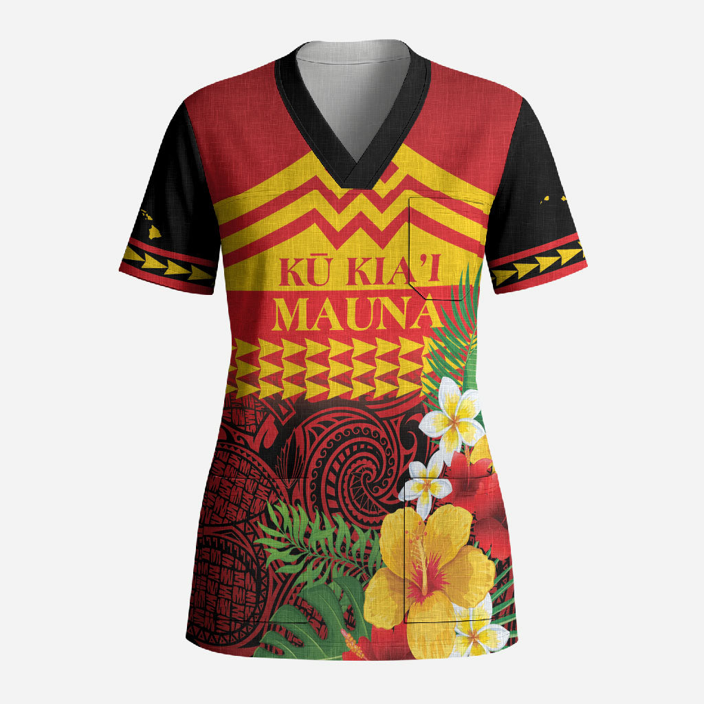 Hawaii Ku Kia'i Mauna Personalized Scrub Top Hibiscus Kakau Pattern LT9 Adult Red - Polynesian Pride