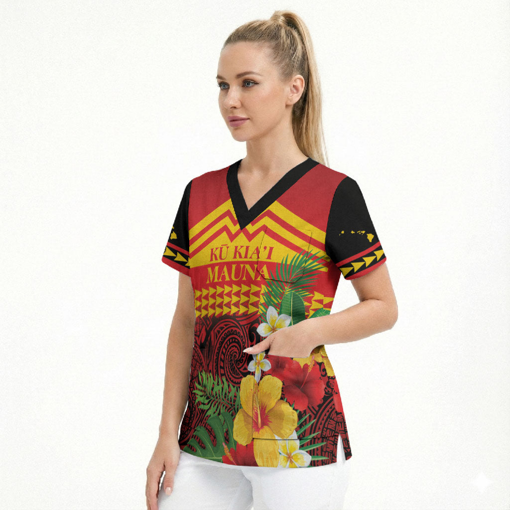 Hawaii Ku Kia'i Mauna Personalized Scrub Top Hibiscus Kakau Pattern LT9 - Polynesian Pride
