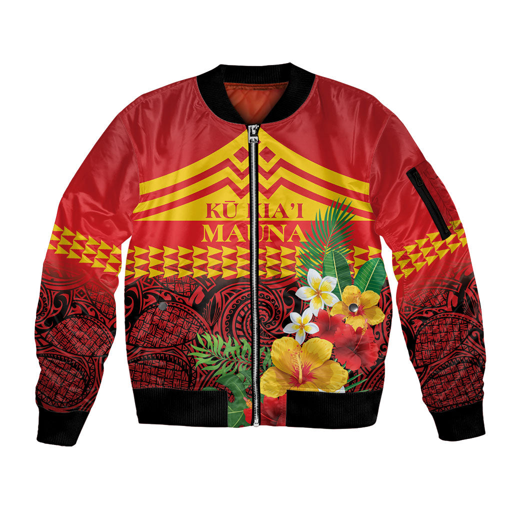 Hawaii Ku Kia'i Mauna Personalized Sleeve Zip Bomber Jacket Hibiscus Kakau Pattern LT9 Unisex Red - Polynesian Pride