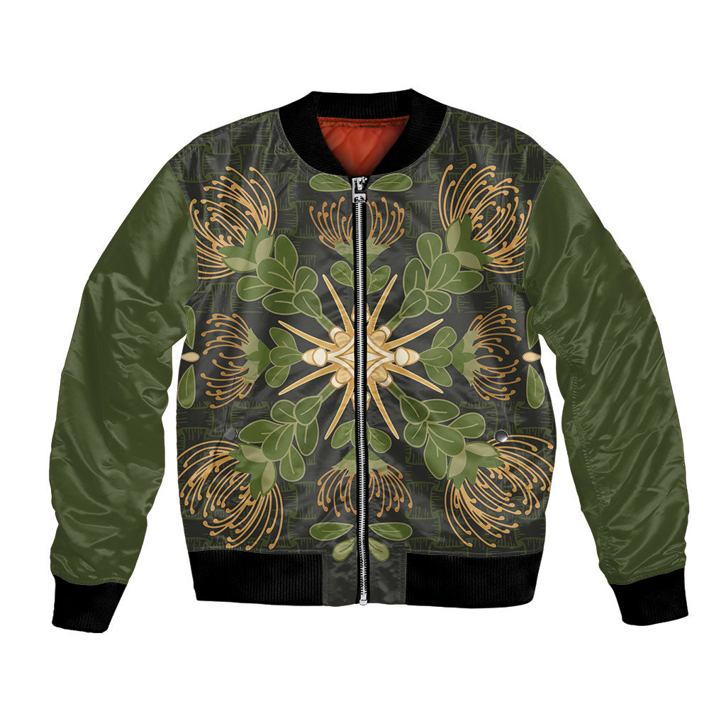 Hawaii Ohia Lehua Squares Bomber Jacket Hawaiian Quilt Inspired Floral Pattern LT9 Unisex Green - Polynesian Pride