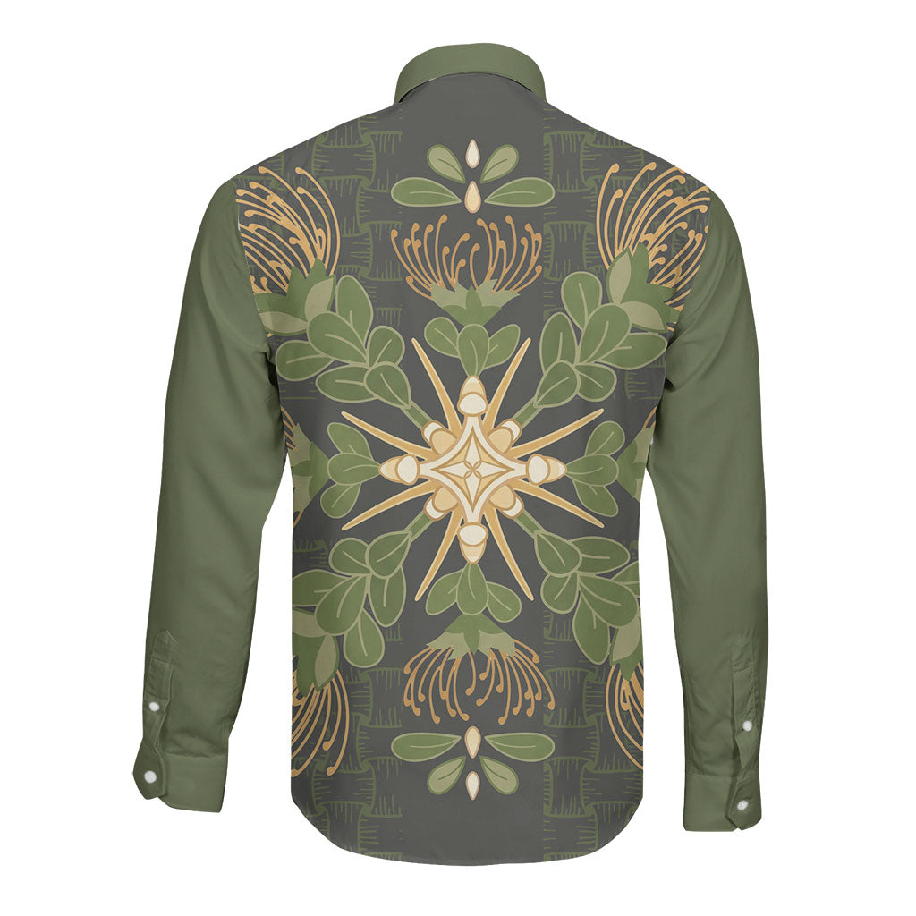 Hawaii Ohia Lehua Squares Long Sleeve Button Shirt Hawaiian Quilt Inspired Floral Pattern LT9 - Polynesian Pride