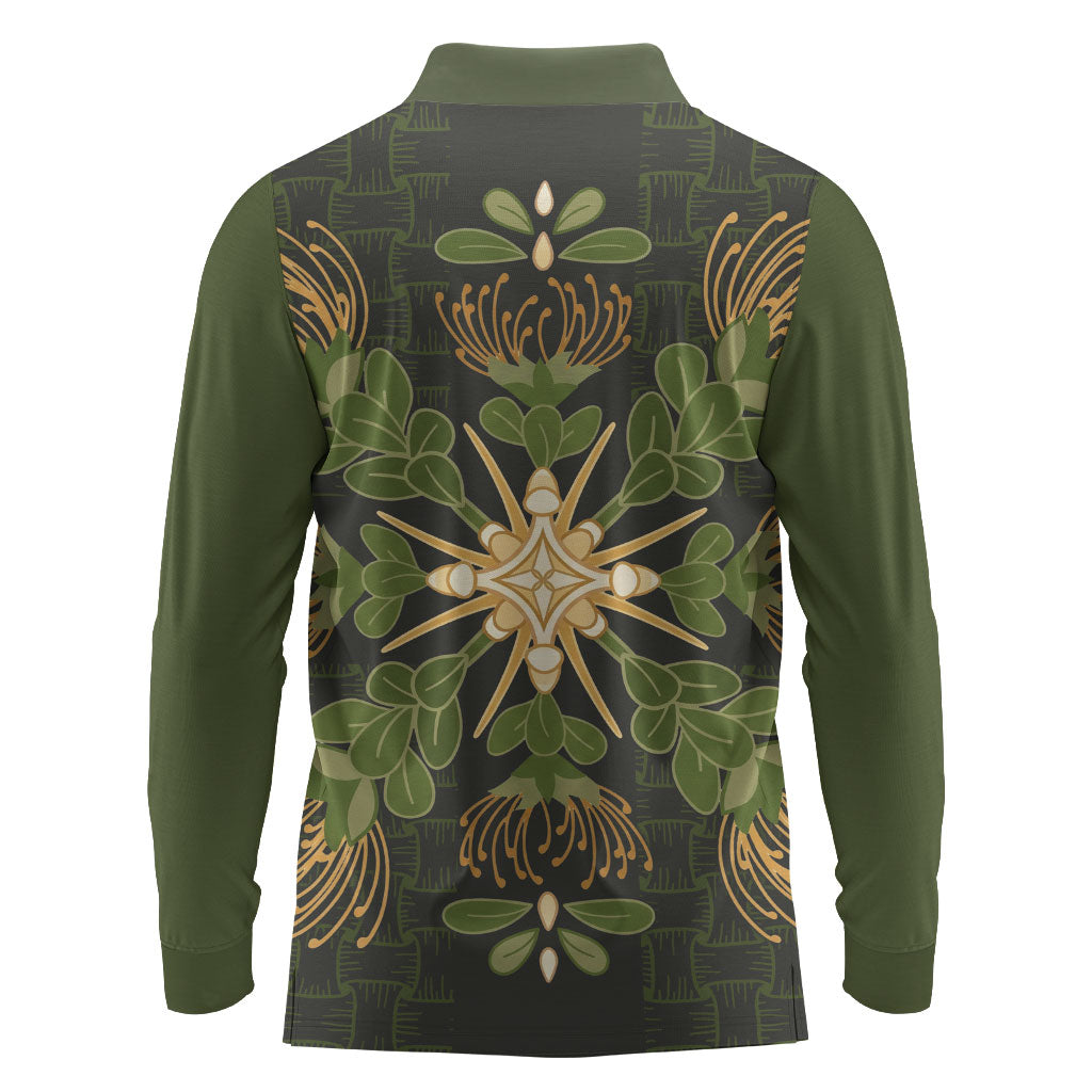 Hawaii Ohia Lehua Squares Long Sleeve Polo Shirt Hawaiian Quilt Inspired Floral Pattern LT9 - Polynesian Pride