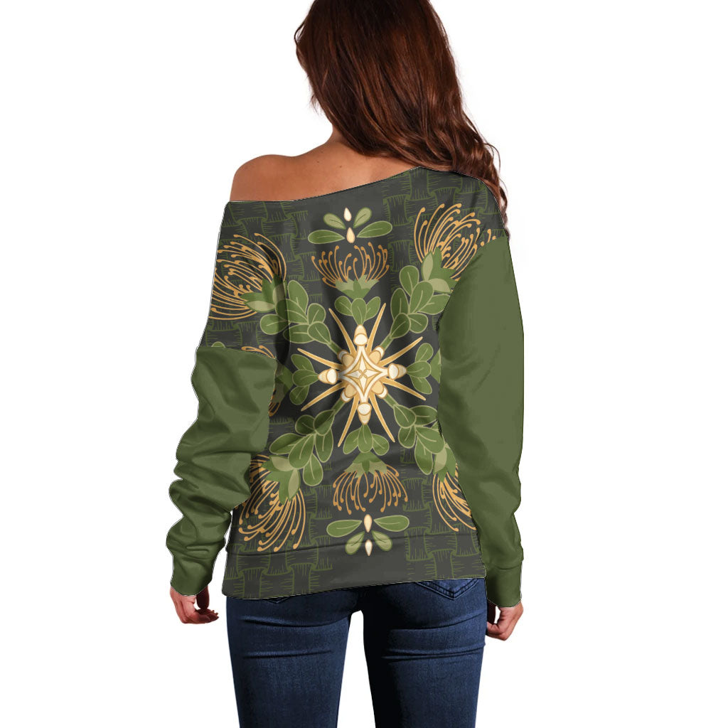 Hawaii Ohia Lehua Squares Off Shoulder Sweater Hawaiian Quilt Inspired Floral Pattern LT9 - Polynesian Pride