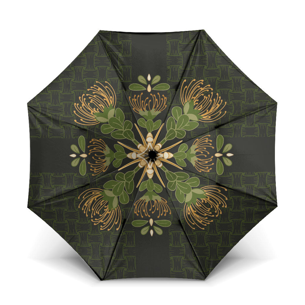 Hawaii Ohia Lehua Squares Umbrella Hawaiian Quilt Inspired Floral Pattern LT9 One Size Folded 11.42 inch Opened Diameter 37.4 inch Green - Polynesian Pride