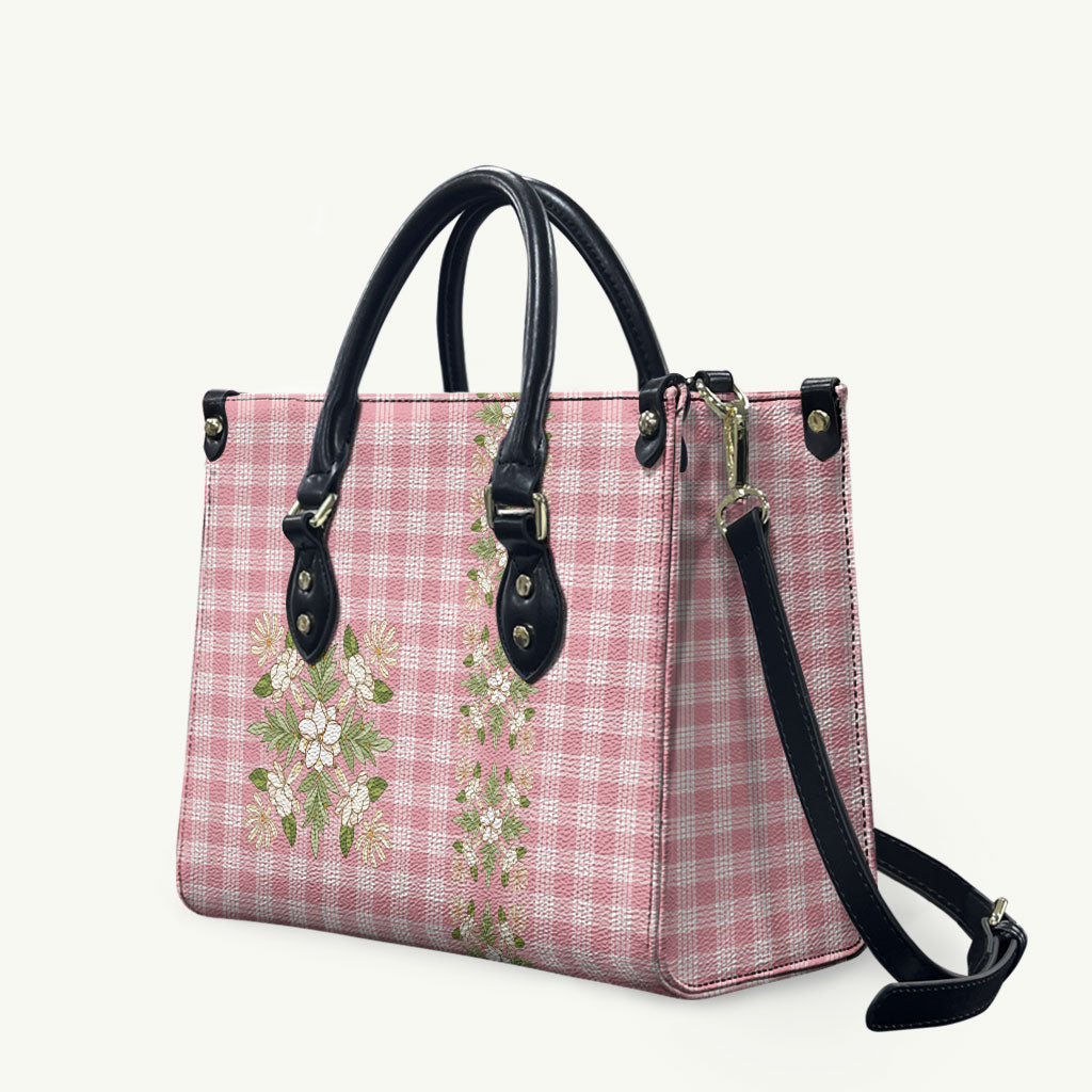 Akala Hamele Hawai'i Palaka Squares Maile Leaf Leather Bag Flowers Hawaiian Quilt Patterns LT9 Dusty Rose - Polynesian Pride