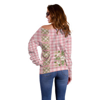 Akala Hamele Hawai'i Palaka Squares Maile Leaf Off Shoulder Sweater Flowers Hawaiian Quilt Patterns LT9 - Polynesian Pride
