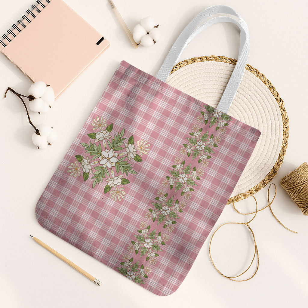 Akala Hamele Hawai'i Palaka Squares Maile Leaf Tote Bag Flowers Hawaiian Quilt Patterns LT9 White Strap One Size Dusty Rose - Polynesian Pride