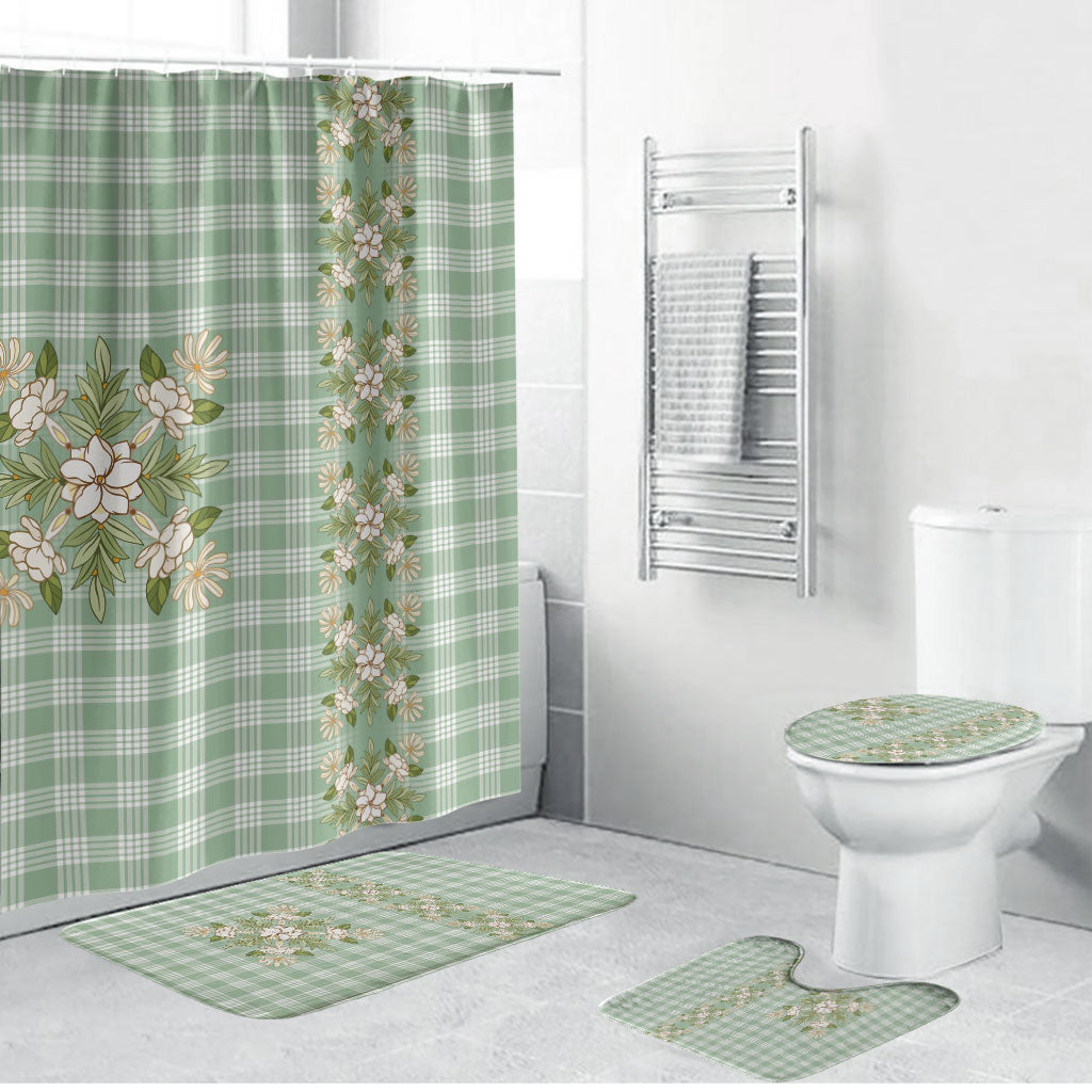 Liko Kukui Hawai'i Palaka Squares Maile Leaf Bathroom Set Flowers Hawaiian Quilt Patterns LT9 Bathroom Set (4 pcs) Sage Green - Polynesian Pride