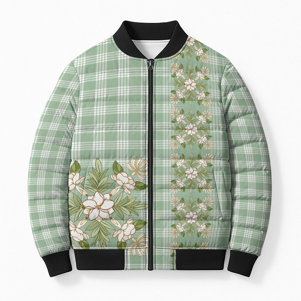 Liko Kukui Hawai'i Palaka Squares Maile Leaf Bomber Puffer Jacket Flowers Hawaiian Quilt Patterns LT9 Unisex Sage Green - Polynesian Pride