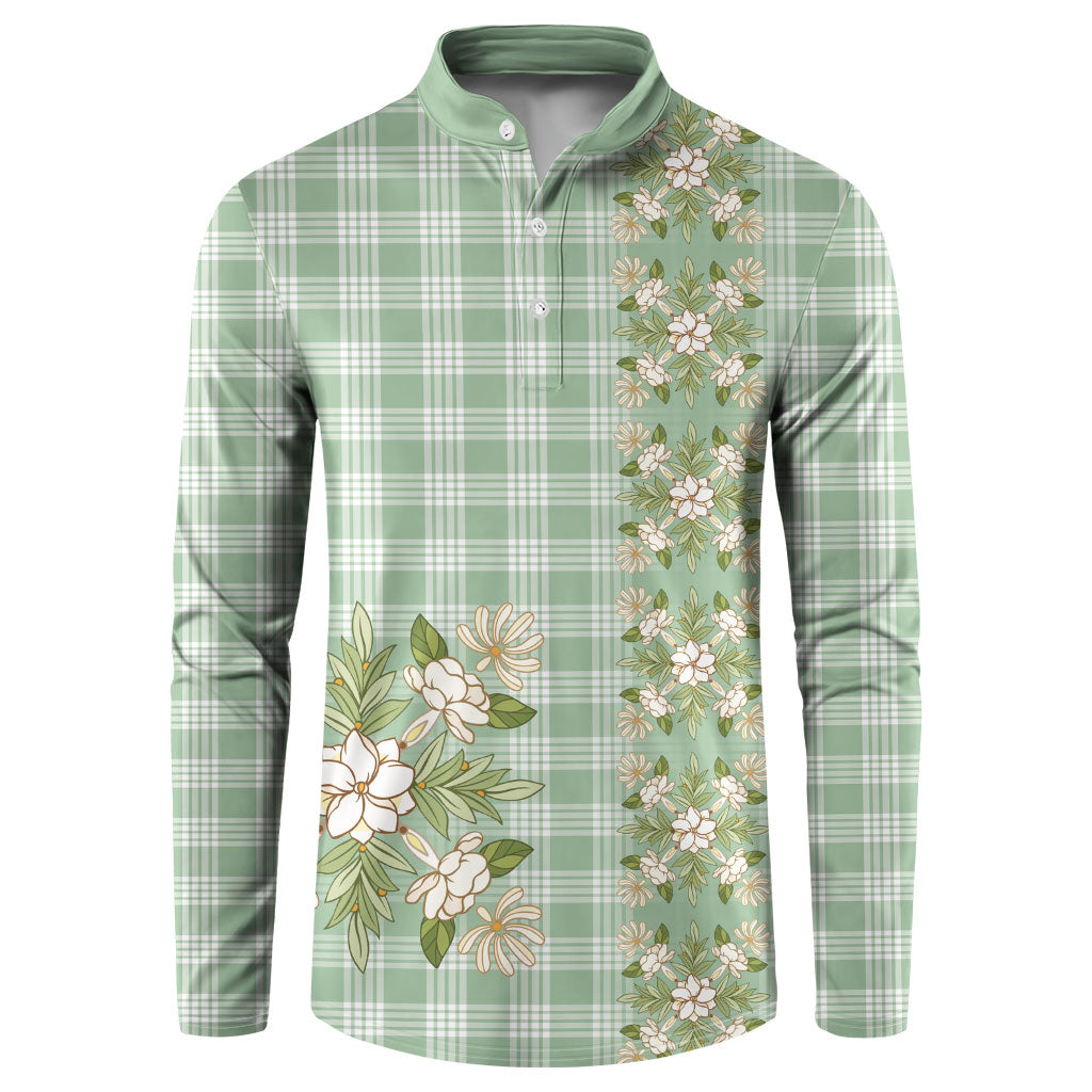 Liko Kukui Hawai'i Palaka Squares Maile Leaf Button Sweatshirt Flowers Hawaiian Quilt Patterns LT9 Sage Green - Polynesian Pride