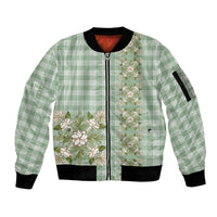 Liko Kukui Hawai'i Palaka Squares Maile Leaf Sleeve Zip Bomber Jacket Flowers Hawaiian Quilt Patterns LT9 Unisex Sage Green - Polynesian Pride