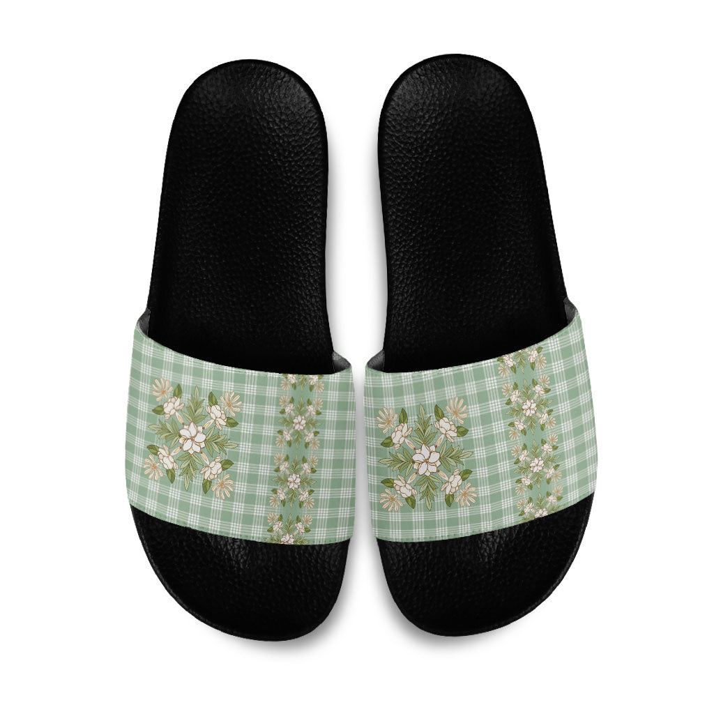 Liko Kukui Hawai'i Palaka Squares Maile Leaf Slide Sandals Flowers Hawaiian Quilt Patterns LT9 Sage Green - Polynesian Pride