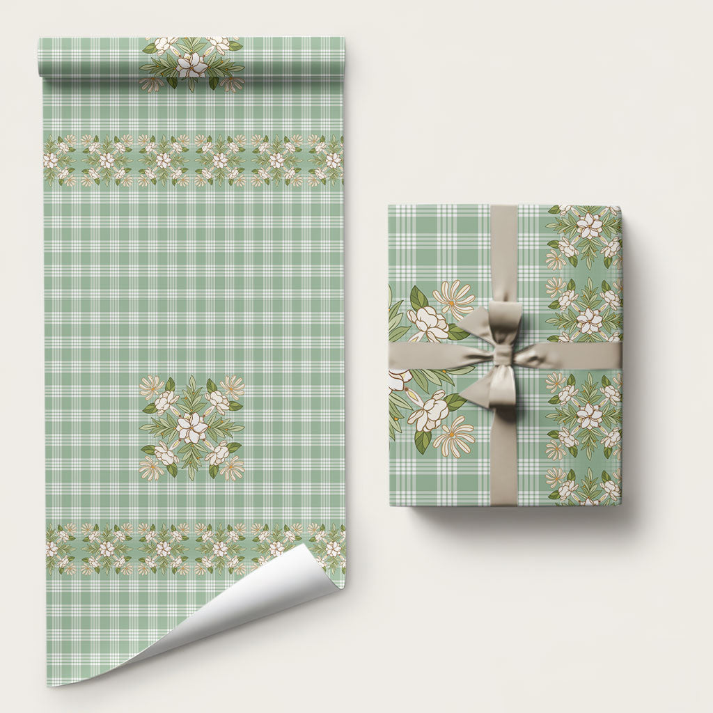 Liko Kukui Hawai'i Palaka Squares Maile Leaf Wrapping Paper Flowers Hawaiian Quilt Patterns LT9 58" × 23" Sage Green - Polynesian Pride