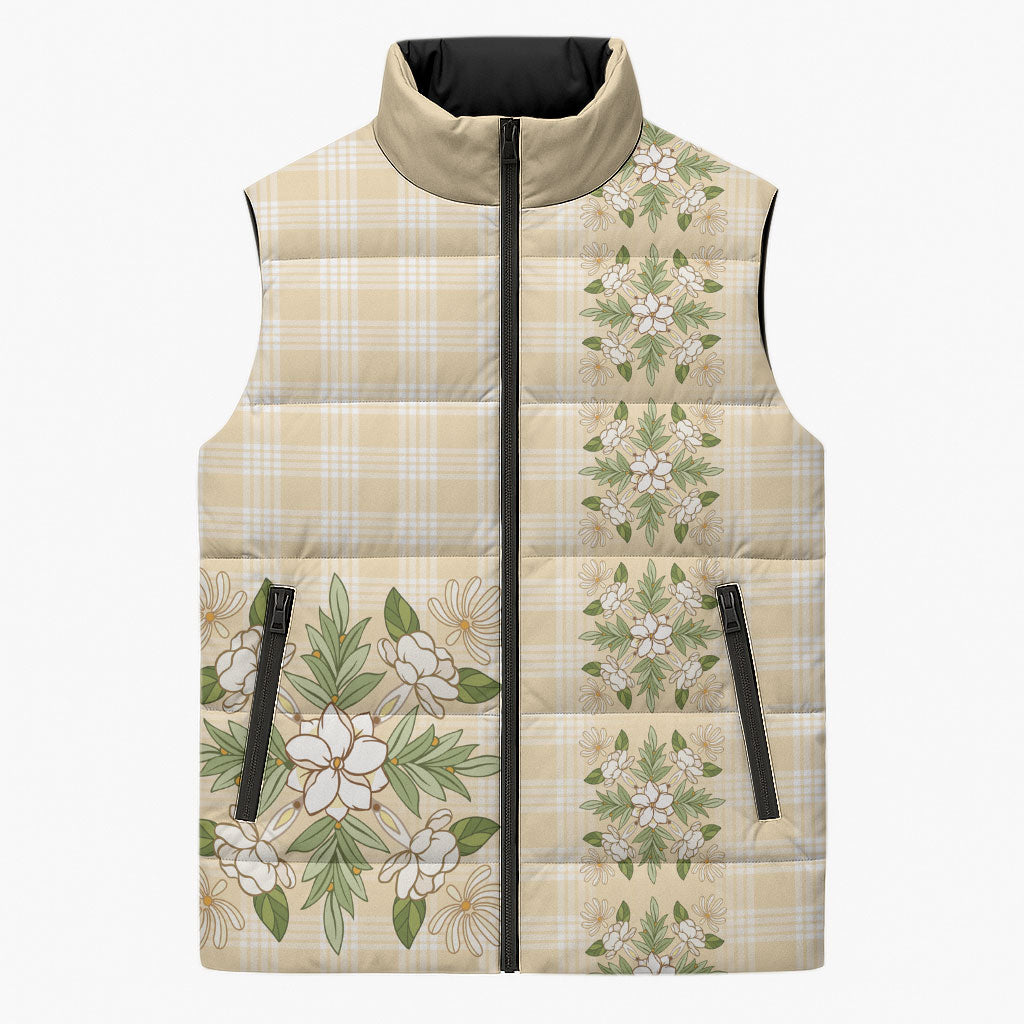Melemele Ahiahia Hawai'i Palaka Squares Maile Leaf Sleeveless Puffer Jacket Flowers Hawaiian Quilt Patterns LT9 Unisex Pastel Yellow - Polynesian Pride