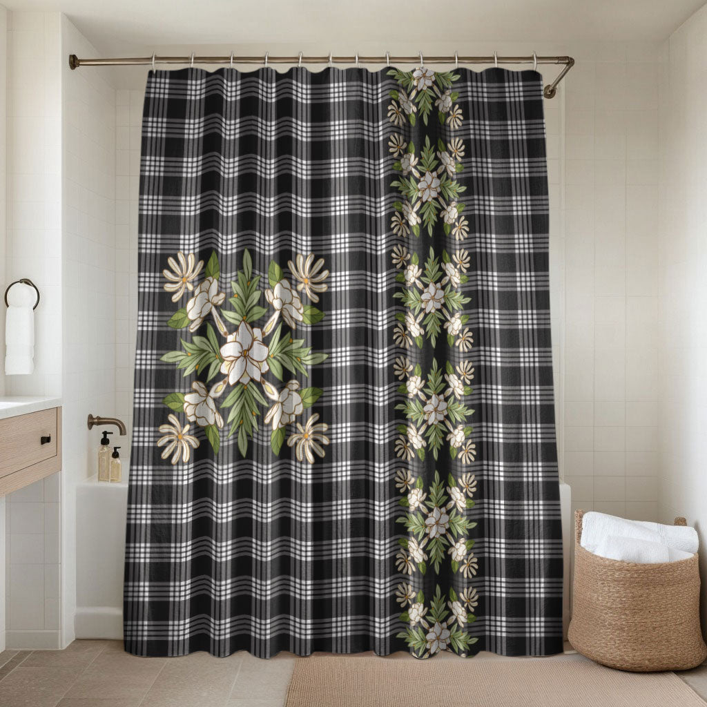 Pauli Hawai'i Palaka Squares Maile Leaf Bathroom Set Flowers Hawaiian Quilt Patterns LT9 Shower Curtain Only Soft Black - Polynesian Pride