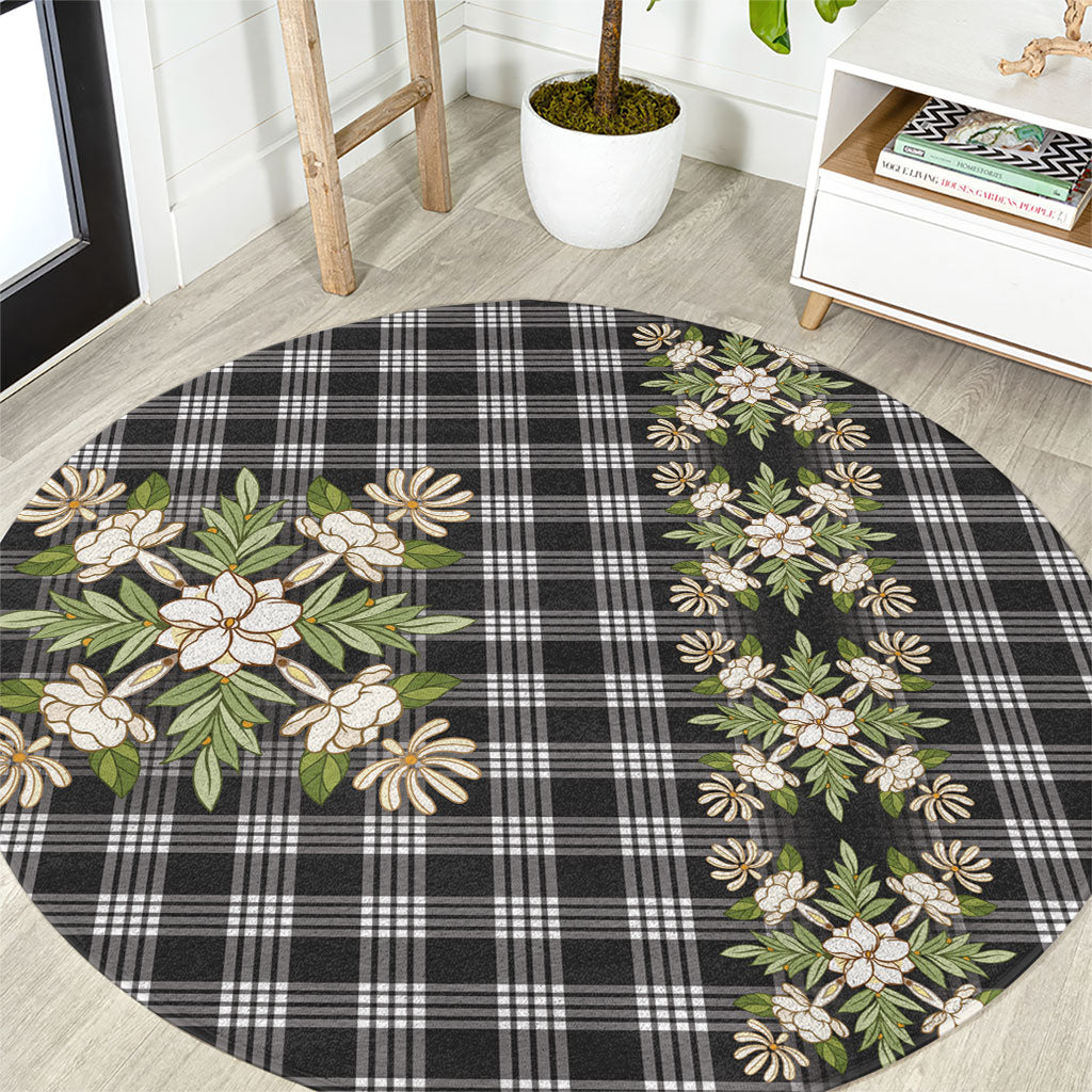 Pauli Hawai'i Palaka Squares Maile Leaf Round Carpet Flowers Hawaiian Quilt Patterns LT9 Soft Black - Polynesian Pride