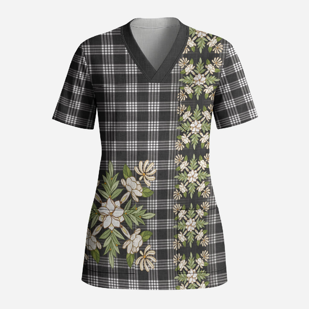 Pauli Hawai'i Palaka Squares Maile Leaf Scrub Top Flowers Hawaiian Quilt Patterns LT9 Adult Soft Black - Polynesian Pride