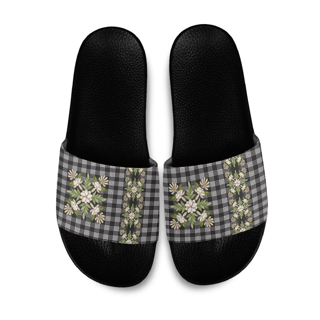 Pauli Hawai'i Palaka Squares Maile Leaf Slide Sandals Flowers Hawaiian Quilt Patterns LT9 Soft Black - Polynesian Pride