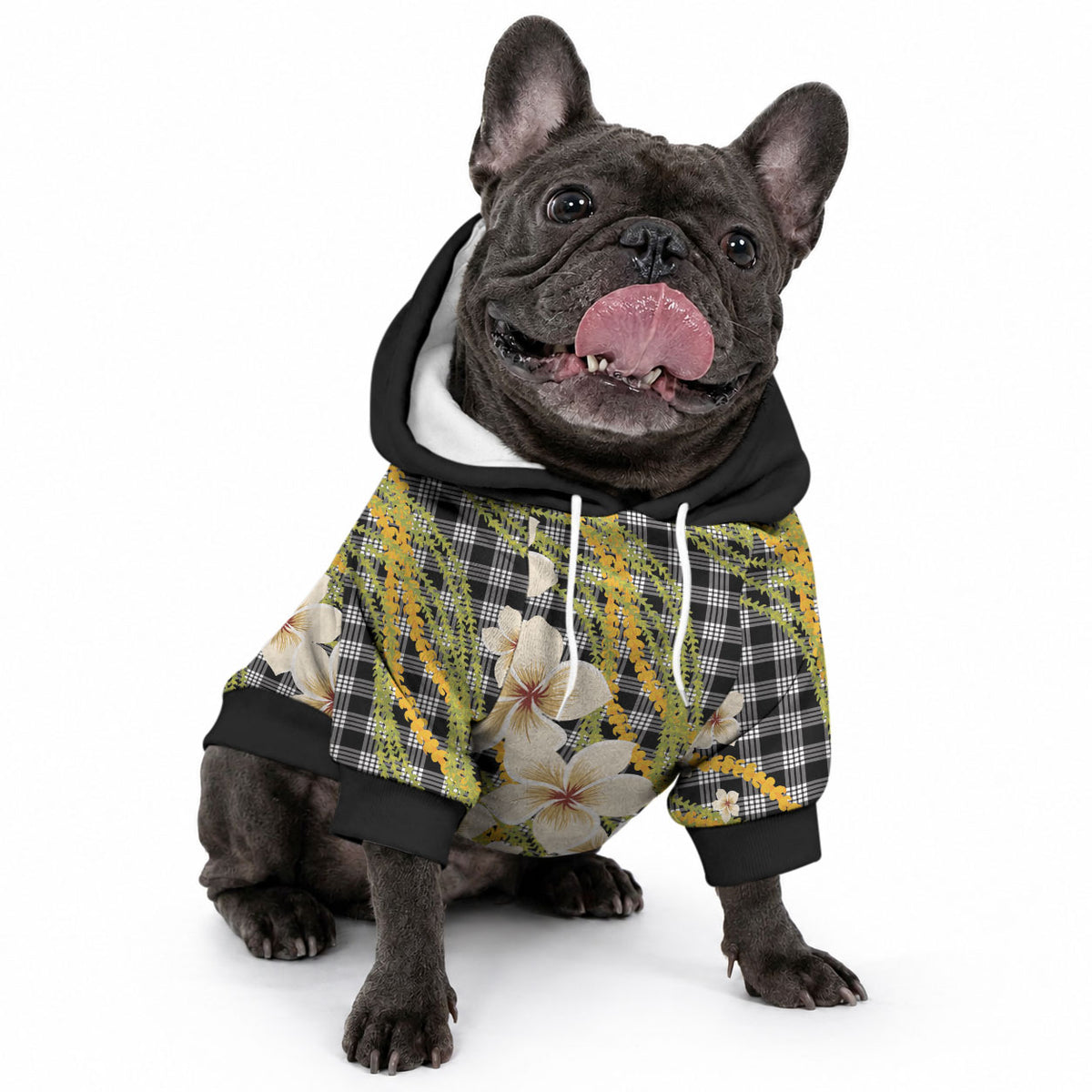 Ele'ele Hawai'i Palaka Plumeria Pet Hoodie Puakenikeni and Maile Lei LT9 - Polynesian Pride