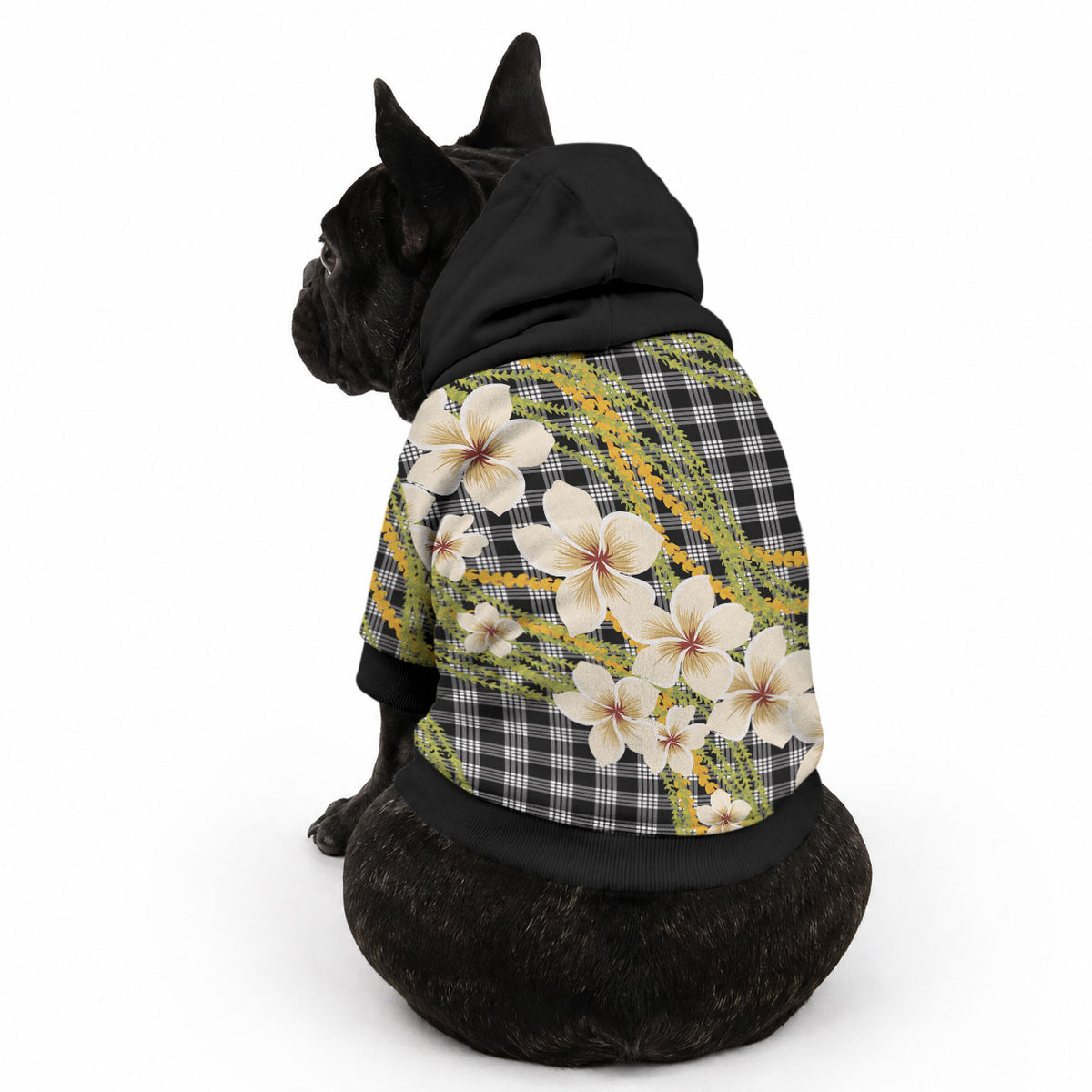 Ele'ele Hawai'i Palaka Plumeria Pet Hoodie Puakenikeni and Maile Lei LT9 - Polynesian Pride