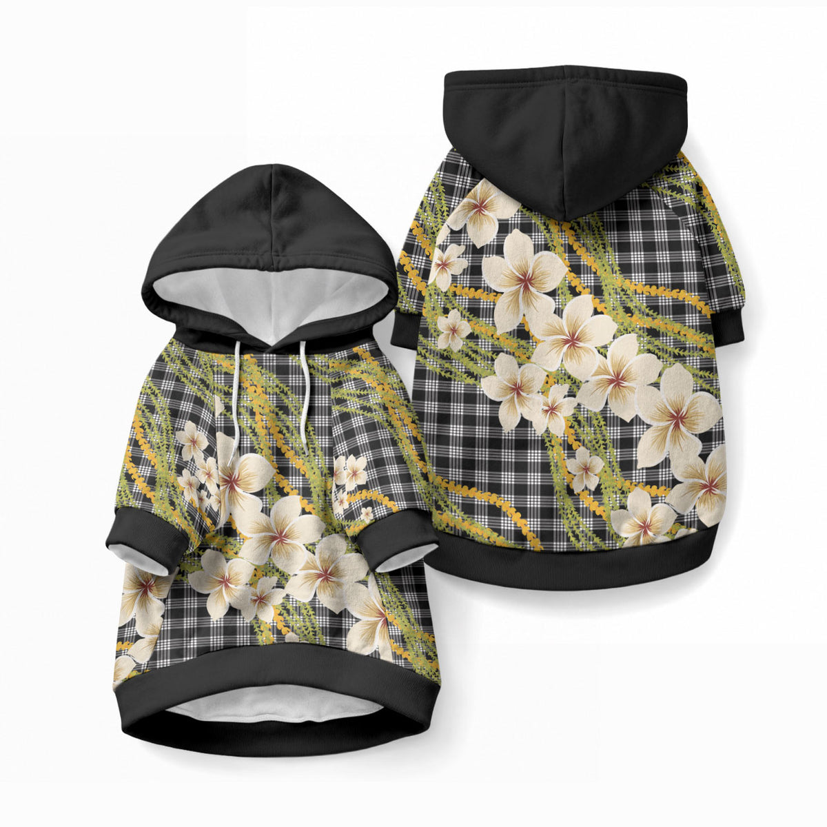 Ele'ele Hawai'i Palaka Plumeria Pet Hoodie Puakenikeni and Maile Lei LT9 Pullover Black - Polynesian Pride