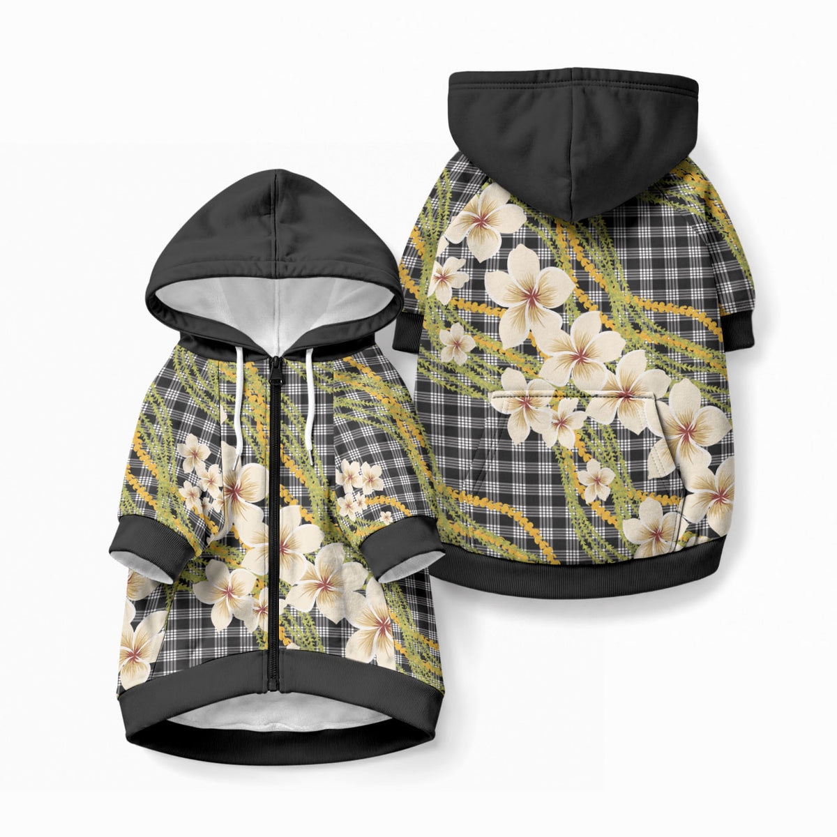 Ele'ele Hawai'i Palaka Plumeria Pet Hoodie Puakenikeni and Maile Lei LT9 Zip-up Black - Polynesian Pride