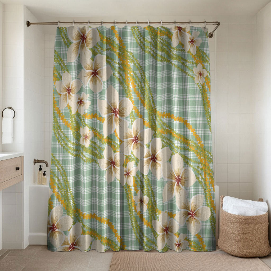 Liko Kukui Hawai'i Palaka Plumeria Bathroom Set Puakenikeni and Maile Lei LT9 Shower Curtain Only Sage Green - Polynesian Pride